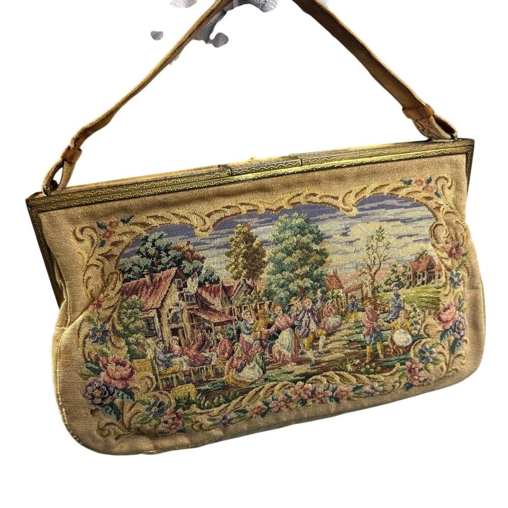 Oviatts Petit Point Tapestry Handbag Engraved Brass Courting Scene Art Deco
